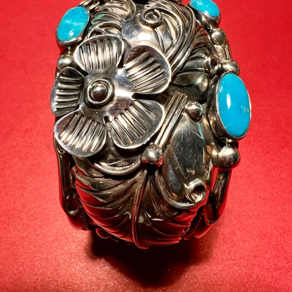 Vintage sterling silver Cuff Bracelet c11 925 Mexico Flower design/ turquoise - Picture 3 of 16